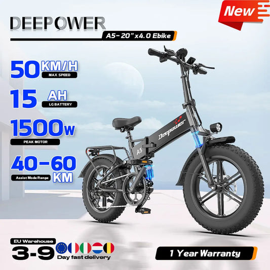 DEEPOWER A5 Folding Electric Bike 1500W 48V 15Ah Removable Battery 55KM/h 20"4.0 Fat Tires Urban Commuter E-Bike, Food Delivery