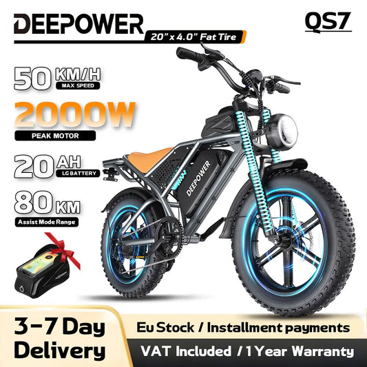 DEEPOWER QS7 2000W Electric Bike 20×4" Fat Tire E-Bike 48V20Ah Removable Battery 7-Speed Dual Disc Brakes Adult Electric Bicycle